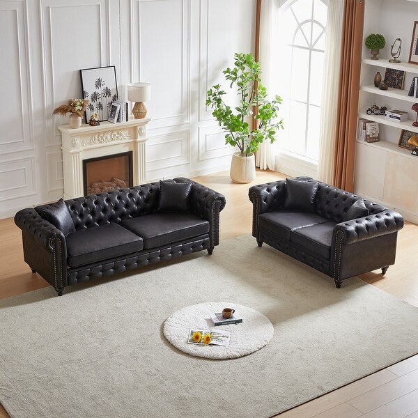 Chesterfield Sofa ブラック 2人掛け Chesterfield Style Sofa Set - 3+2 Seats, Tech Fabric - On Sale